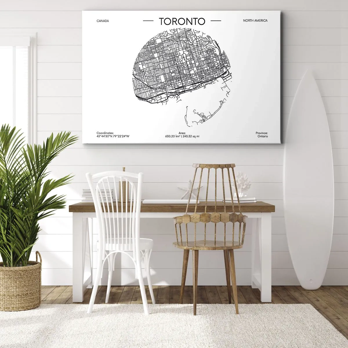 Lærredstryk - Billede på lærred - Et kort over Toronto i minimalistisk sort-hvid stil - 70x50cm - Anatomi af Toronto - Moderne vægdekoration til stue og soveværelse ARTTOR