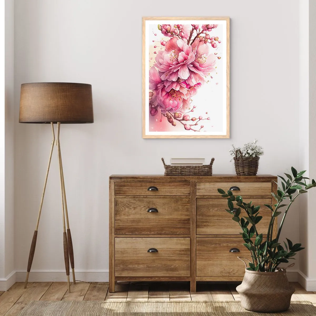 Plakat i ramme af lyst egetræ - Kirsebærblomst - 30x40 cm