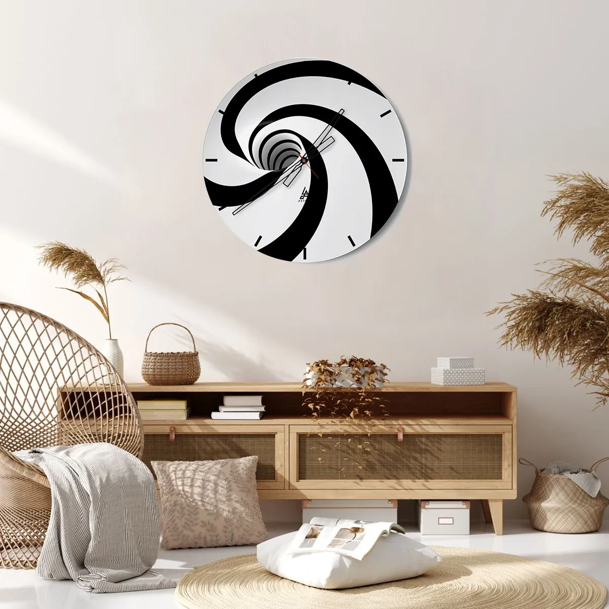 Vægur, Uret - Dynamisk sort-hvid spiral - 30x30cm - Overgiver du dig til vortexen? - Moderne vægdekoration til stue, køkken og soveværelse ARTTOR