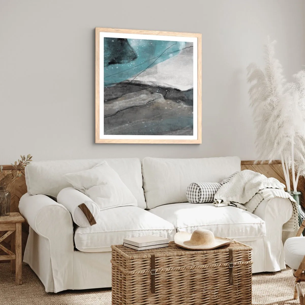 Plakat i ramme af lyst egetræ - Abstraktion: klipper og is - 50x50 cm