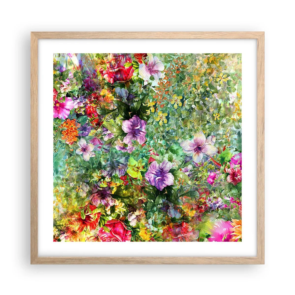 Plakat i ramme af lyst egetræ - Ind i blomsterne ved fortabelse - 50x50 cm
