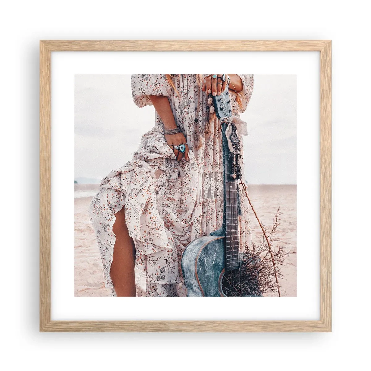 Plakat i ramme af lyst egetræ - Børn blomster på vej - 40x40 cm