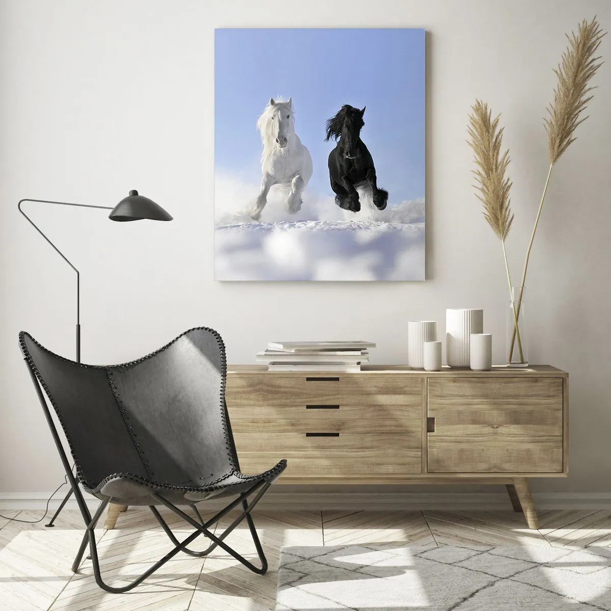 Billede på glas - Sort og hvid galop - 50x70 cm