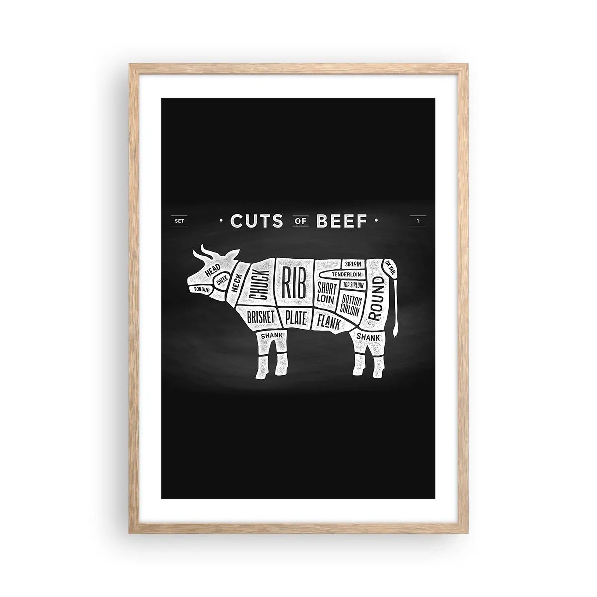 Plakat i ramme af lyst egetræ - Slagterens grundbog - 50x70 cm