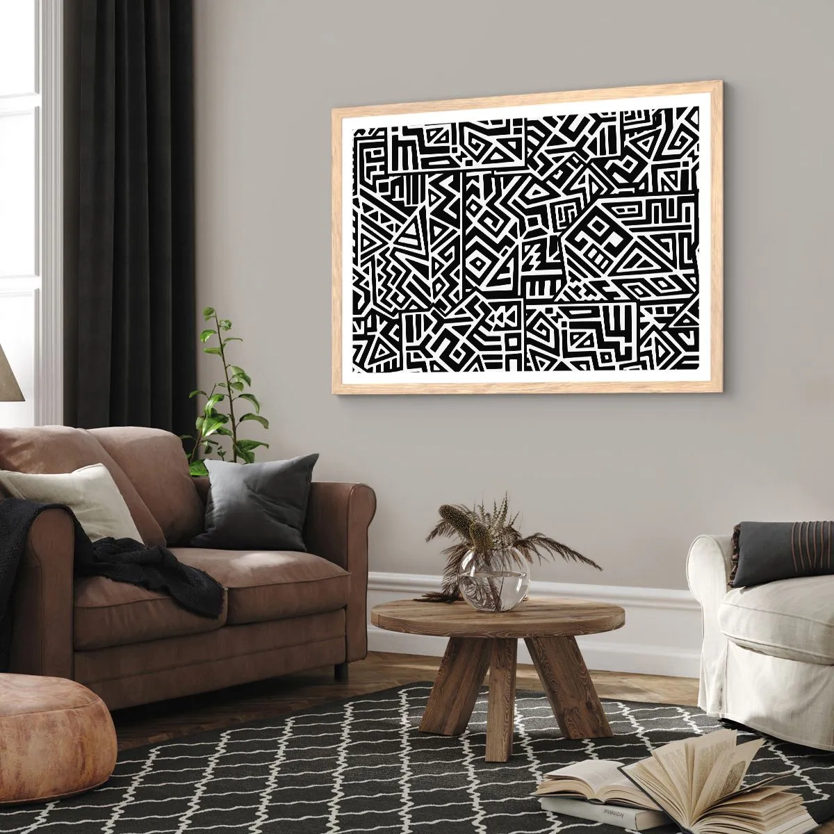 Plakat i ramme af lyst egetræ - Præcolumbiansk sammensætning - 100x70 cm