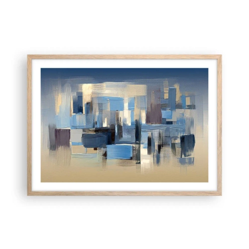 Plakat i ramme af lyst egetræ - Blå konstruktion - 70x50 cm