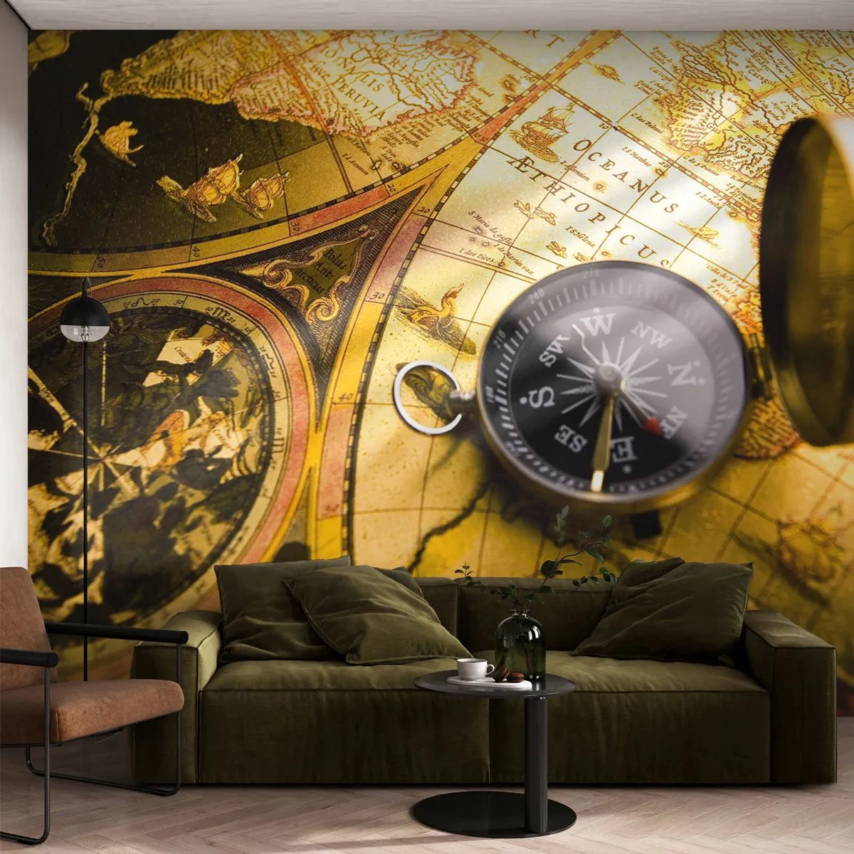 Fototapet Premium Canvas - Eller måske til verdens ende? - Rejser, Verdenskort, Kompas - 350x256 cm