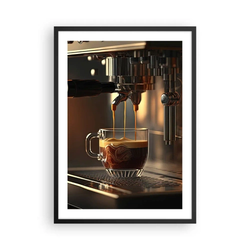 Plakat i sort ramme - En kaffemaskine, der hælder espresso i en kop - 50x70cm - En sensuel blanding - Moderne vægdekoration til stue og soveværelse ARTTOR