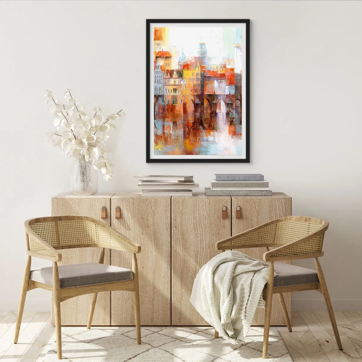 Plakat i sort ramme - En malerisk by med en kunstnerisk designet bro - 50x70cm - Under broen også smuk - Moderne vægdekoration til stue og soveværelse ARTTOR