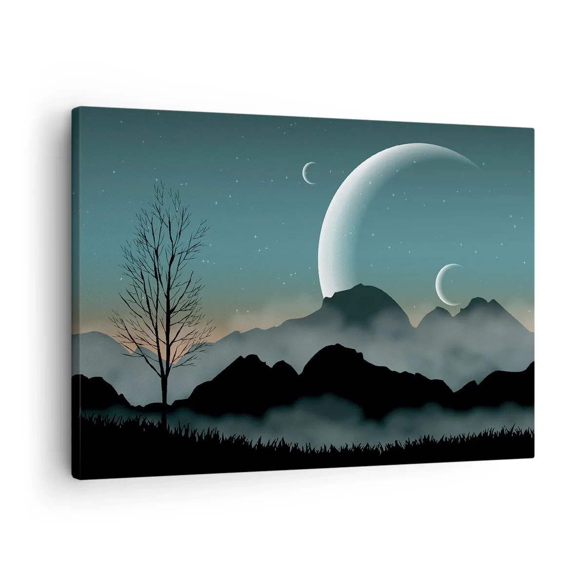 Lærredstryk - Billede på lærred - Tågede bjerge med månen og et ensomt træ - 70x50cm - Karneval i den stjerneklare nat - Moderne vægdekoration til stue og soveværelse ARTTOR