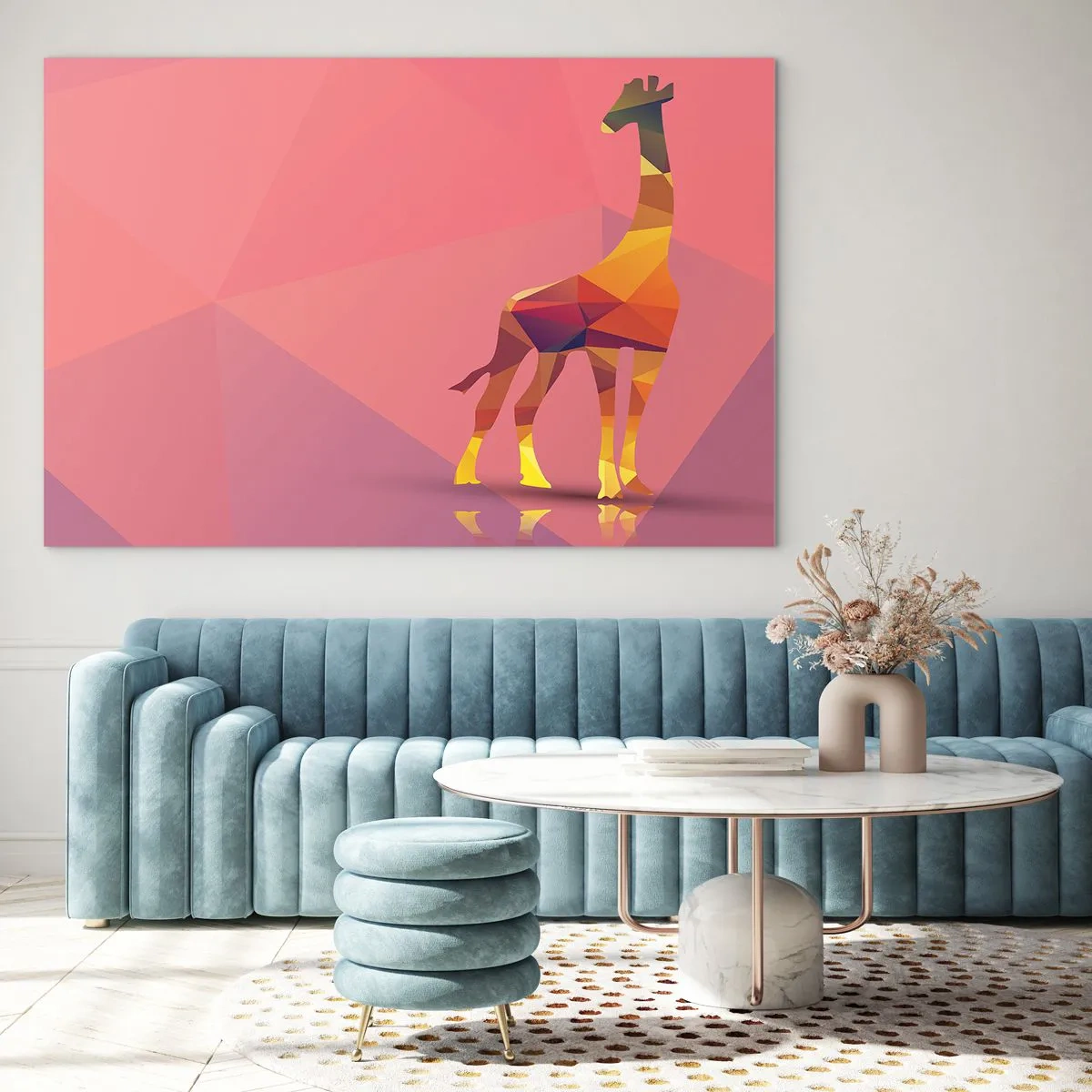 Billede på glas - Geometrisk giraf på en pastelfarvet baggrund - 70x50cm - I savannens farver - Moderne vægdekoration til stue og soveværelse ARTTOR