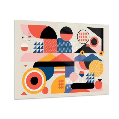 Billede på glas - Farverig geometrisk abstraktion med cirkler og trekanter - 70x50cm - Komposition: Leg - Moderne vægdekoration til stue og soveværelse ARTTOR