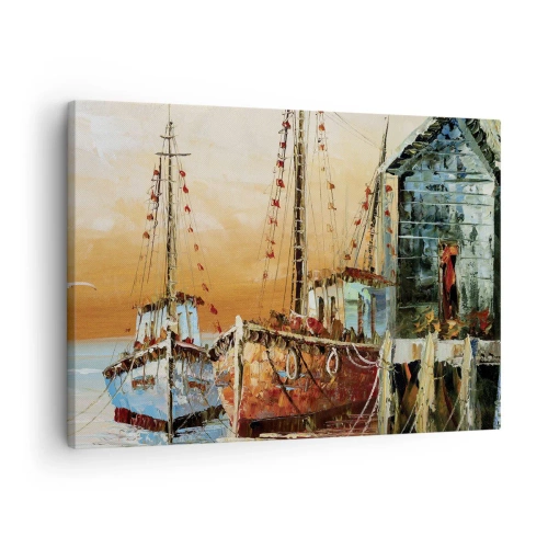 Lærredstryk - Billede på lærred - Både på kysten i det varme solnedgangslys - 70x50cm - Fredelig tilbagevenden - Moderne vægdekoration til stue og soveværelse ARTTOR