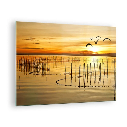 Billede på glas - Solnedgang over en sø med fugle og fiskenet - 70x50cm - I fiskeriet - Moderne vægdekoration til stue og soveværelse ARTTOR