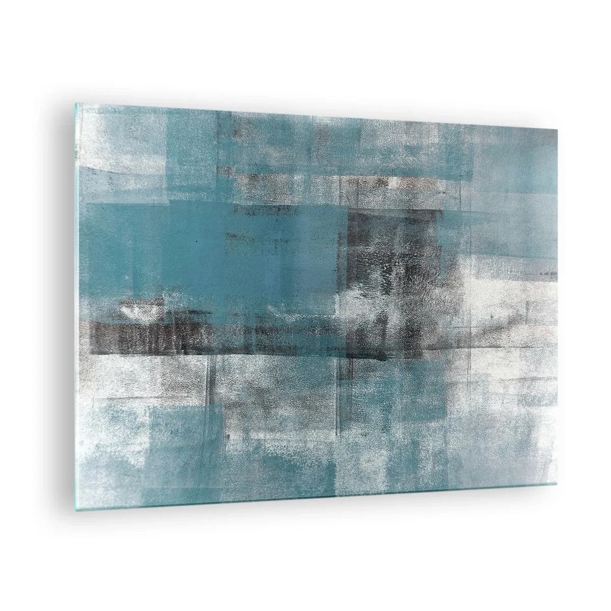 Billede på glas - Abstraktion i blå og grå nuancer med geometriske former - 70x50cm - Vand og luft - Moderne vægdekoration til stue og soveværelse ARTTOR