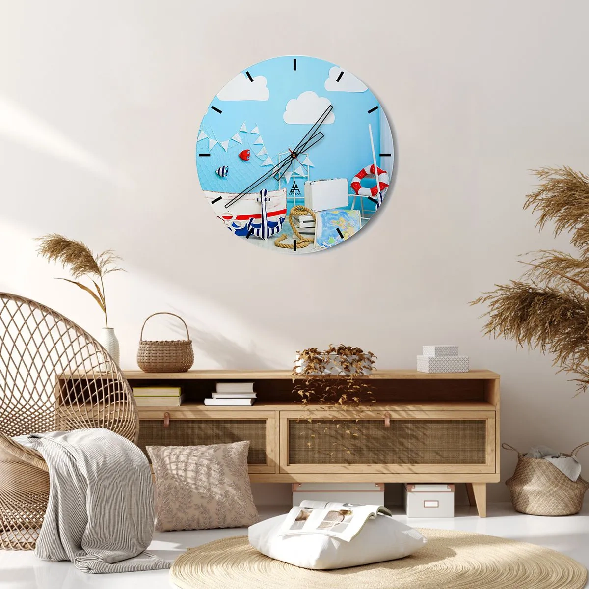 Vægur, Uret - Nautisk tema med en blå baggrund - 30x30cm - Et barns længsel efter eventyr - Moderne vægdekoration til stue, køkken og soveværelse ARTTOR