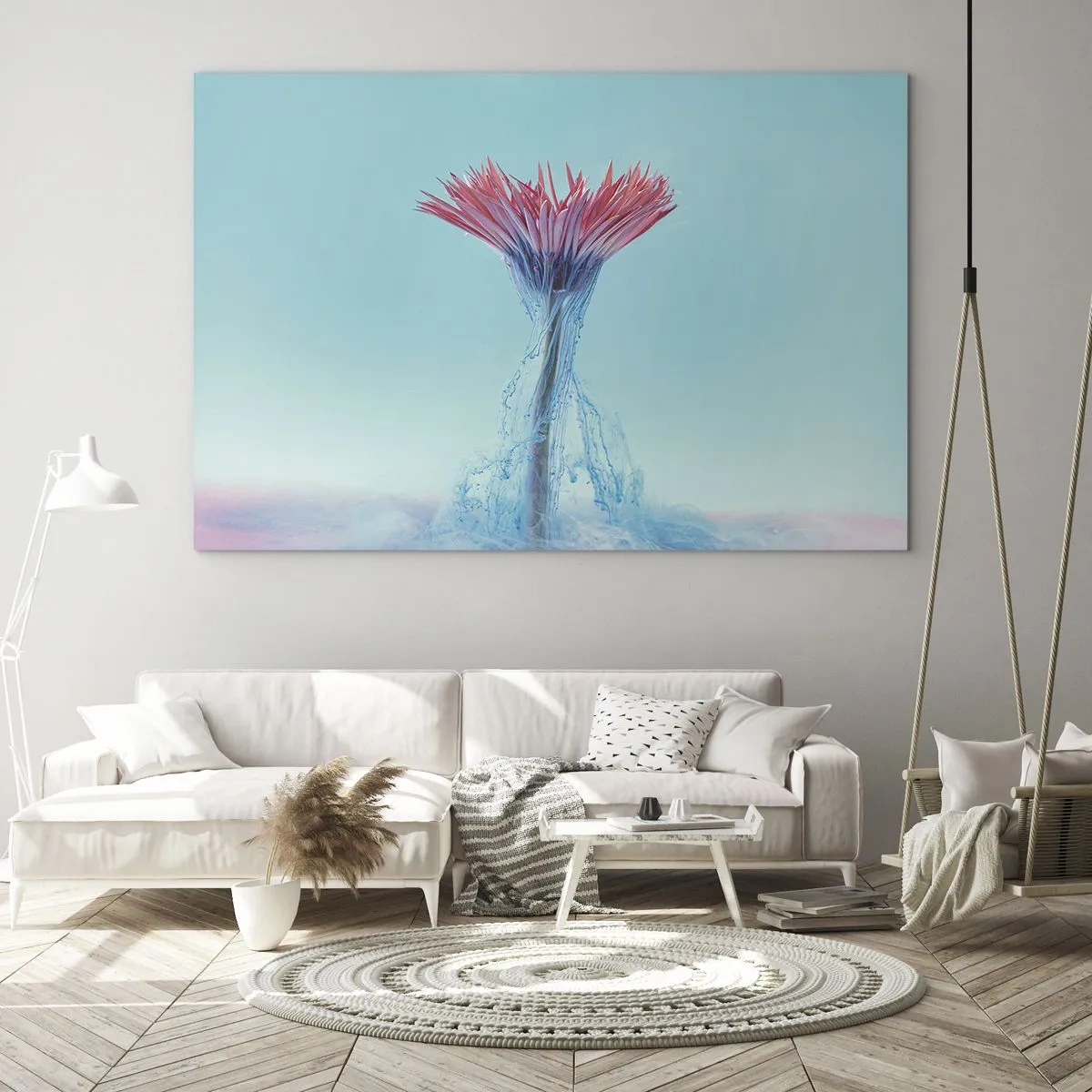 Billede på glas - En fantasifuld blomst fordybet i en blå og lyserød dis - 70x50cm - I en nærende omfavnelse - Moderne vægdekoration til stue og soveværelse ARTTOR