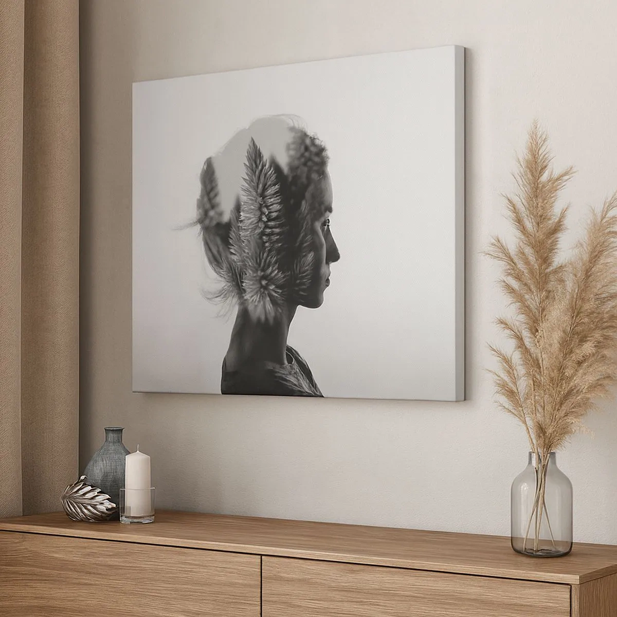 Lærredstryk - Billede på lærred - Et diskret portræt med elementer af naturen - 70x50cm - Dame af fyrreskoven - Moderne vægdekoration til stue og soveværelse ARTTOR