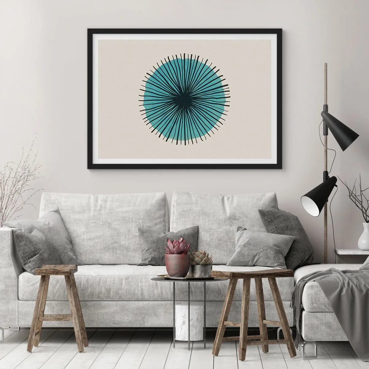 Plakat i sort ramme - Strålende på blå - 100x70 cm