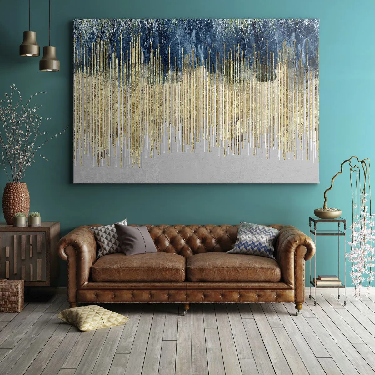 Lærredstryk - Billede på lærred - Gyldne linjer mod en baggrund af marineblå og grå abstraktion - 70x50cm - Forgyldt grænse - Moderne vægdekoration til stue og soveværelse ARTTOR