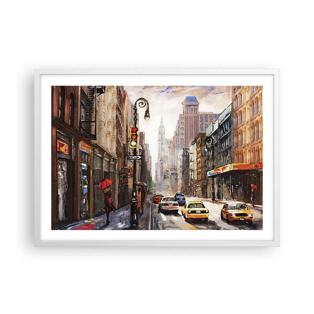 Plakat i hvid ramme - New York - også farverig i regnvejr - 70x50 cm