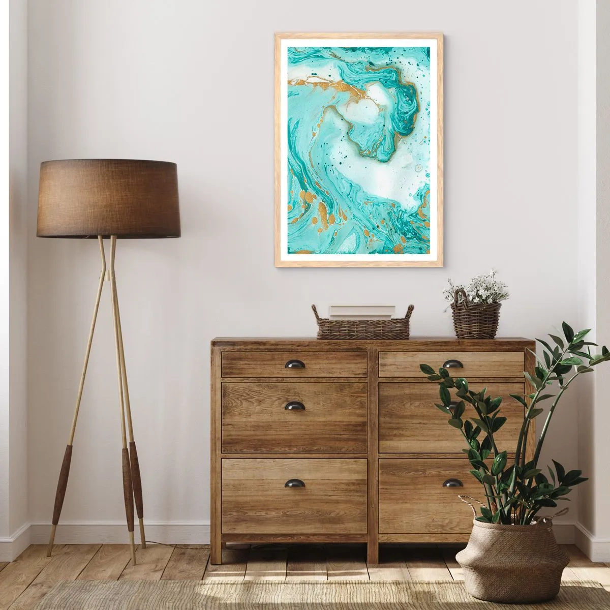 Plakat i ramme af lyst egetræ - Under den store bølge i Edo-perioden - 70x100 cm