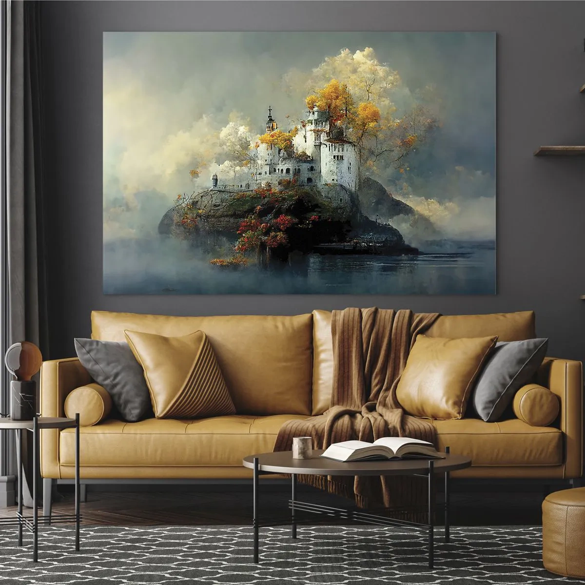 Billede på glas - Et slot på en klippe omgivet af tåge og efterårstræer - 70x50cm - Begyndelsen på en romantisk historie - Moderne vægdekoration til stue og soveværelse ARTTOR