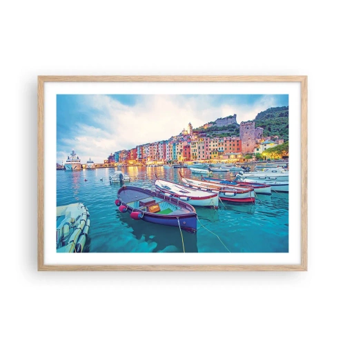 Plakat i ramme af lyst egetræ - En farverig aften i havnen - 70x50 cm