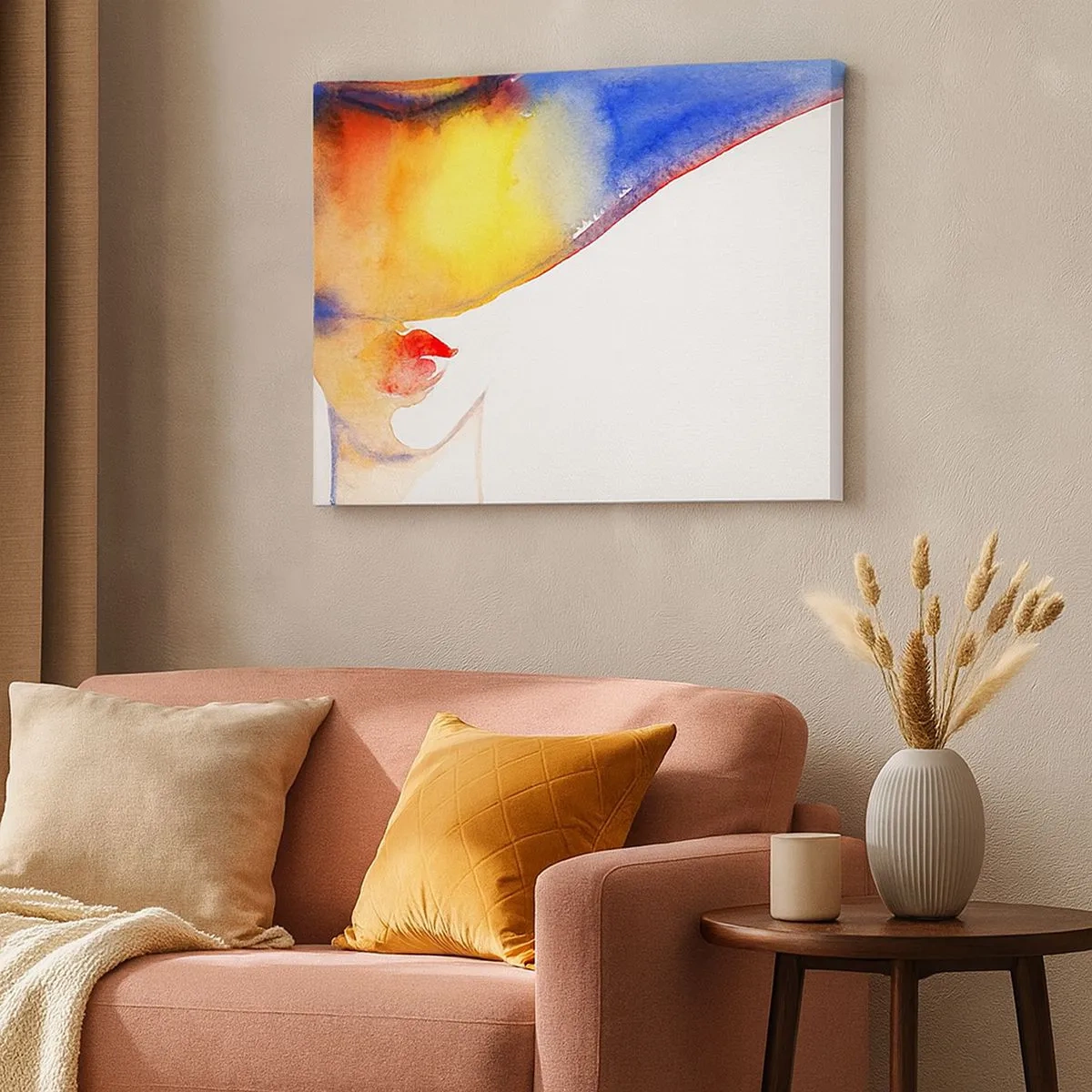 Lærredstryk - Billede på lærred - Et minimalistisk akvarelmaleri af en kvindes profil med en farverig hat. - 70x50cm - Portræt af en dame    - Moderne vægdekoration til stue og soveværelse ARTTOR