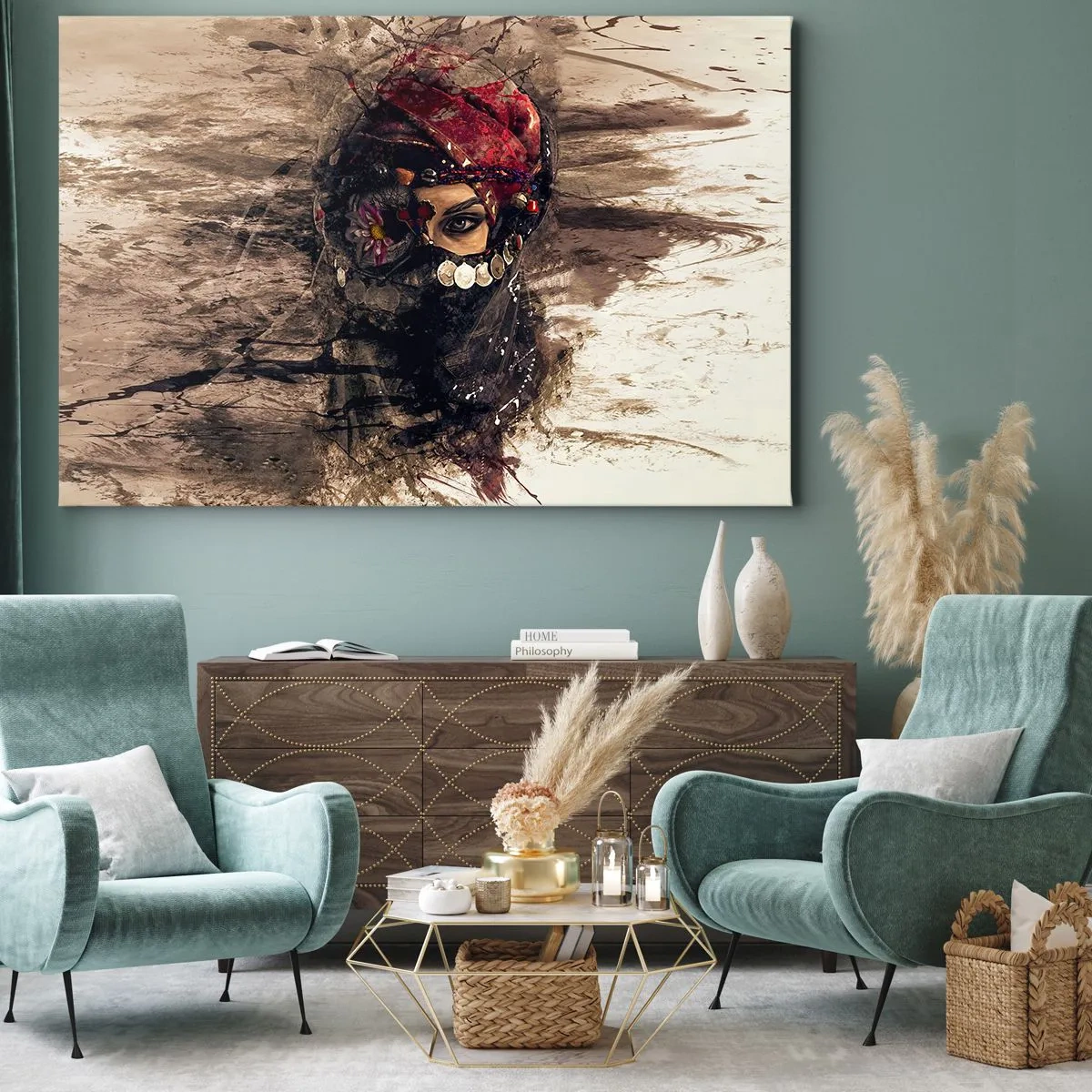 Lærredstryk - Billede på lærred - Kunstnerisk portræt af en kvinde i orientalsk klædedragt mod en abstrakt baggrund. - 70x50cm - Foruroligende for at sige det mildt - Moderne vægdekoration til stue og soveværelse ARTTOR