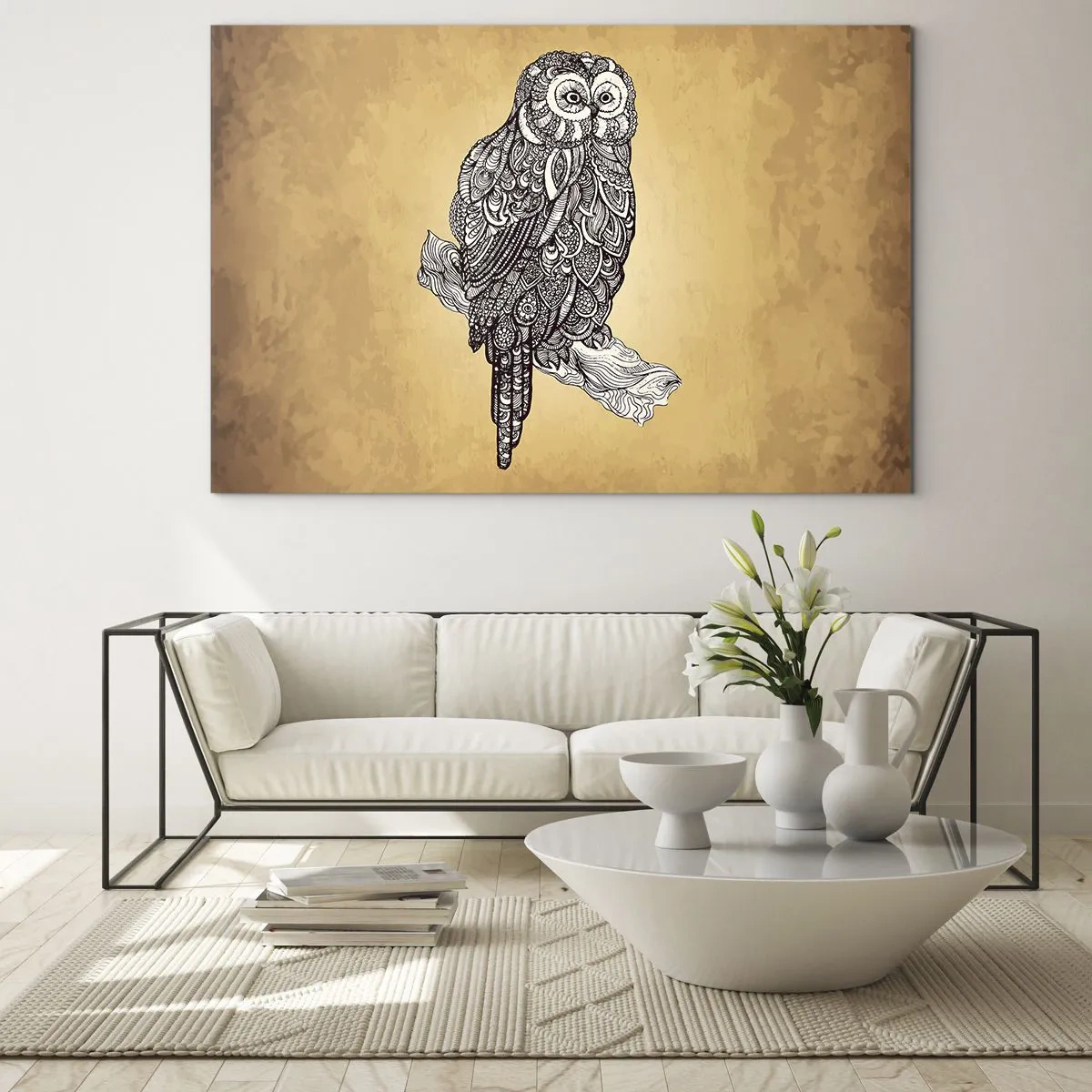Billede på glas - Ornamental ugle på en sepia baggrund - 70x50cm - Indviklede ornamenter af visdom - Moderne vægdekoration til stue og soveværelse ARTTOR