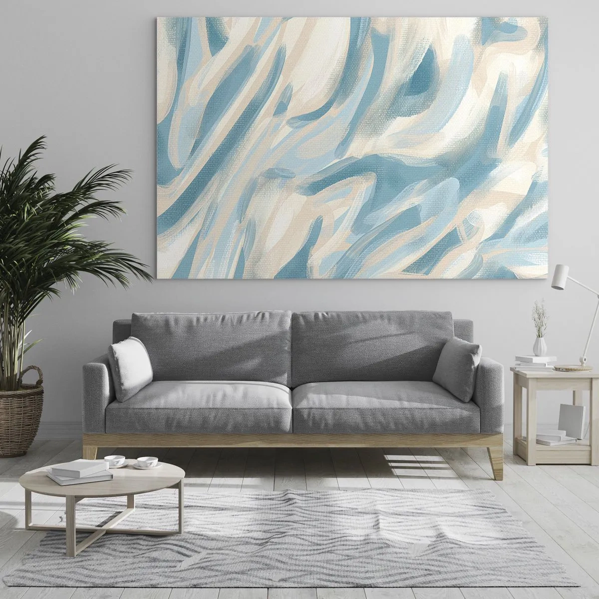 Billede på glas - Abstrakte penselstrøg i blå og cremefarver. - 70x50cm - Forårsbriser - Moderne vægdekoration til stue og soveværelse ARTTOR