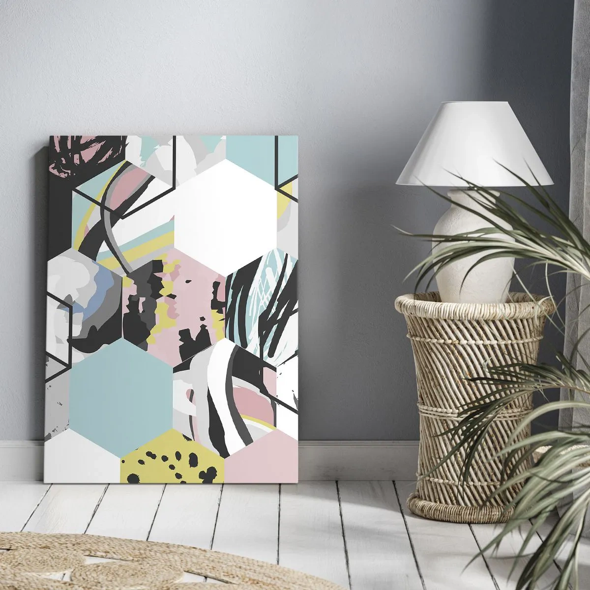 Lærredstryk - Billede på lærred - Sekskanter og terninger i seks farver - 50x70 cm