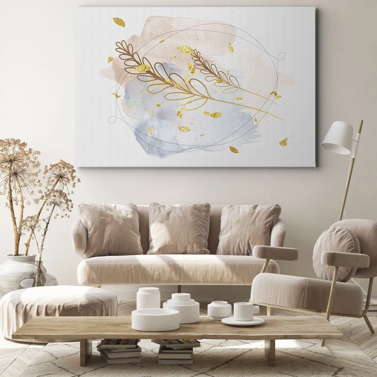 Lærredstryk - Billede på lærred - Et delikat gyldent bladmotiv på en pastelbaggrund med akvareldetaljer. - 70x50cm - En gylden eksplosion - Moderne vægdekoration til stue og soveværelse ARTTOR