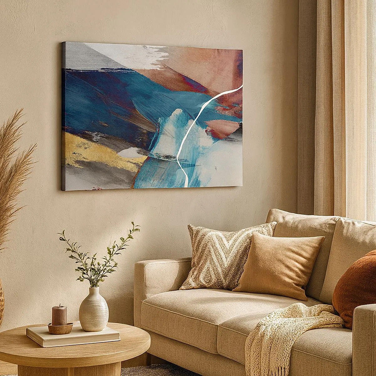 Lærredstryk - Billede på lærred - Abstrakte penselstrøg i nuancer af blå og guld - 70x50cm - Med flair og energi - Moderne vægdekoration til stue og soveværelse ARTTOR