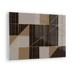 Billede på glas - Abstrakt mosaik med brune og guldelementer - 70x50cm - En mosaik af brune og gyldne farver - Moderne vægdekoration til stue og soveværelse ARTTOR