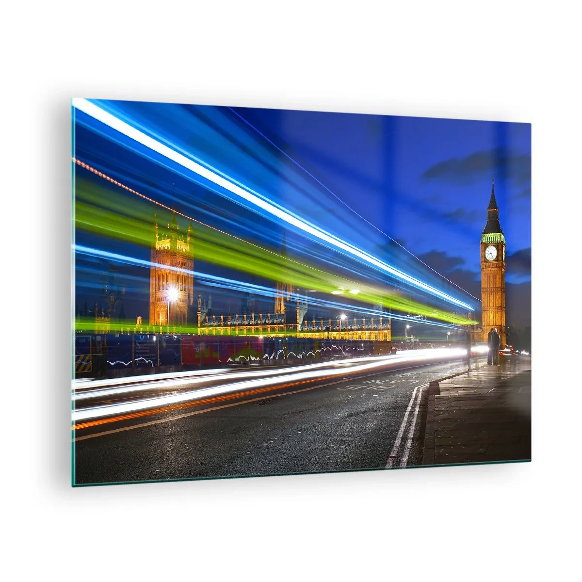 Billede på glas - Big Ben om natten med slørede billys - 70x50cm - Under Big Ben's øjne - Moderne vægdekoration til stue og soveværelse ARTTOR