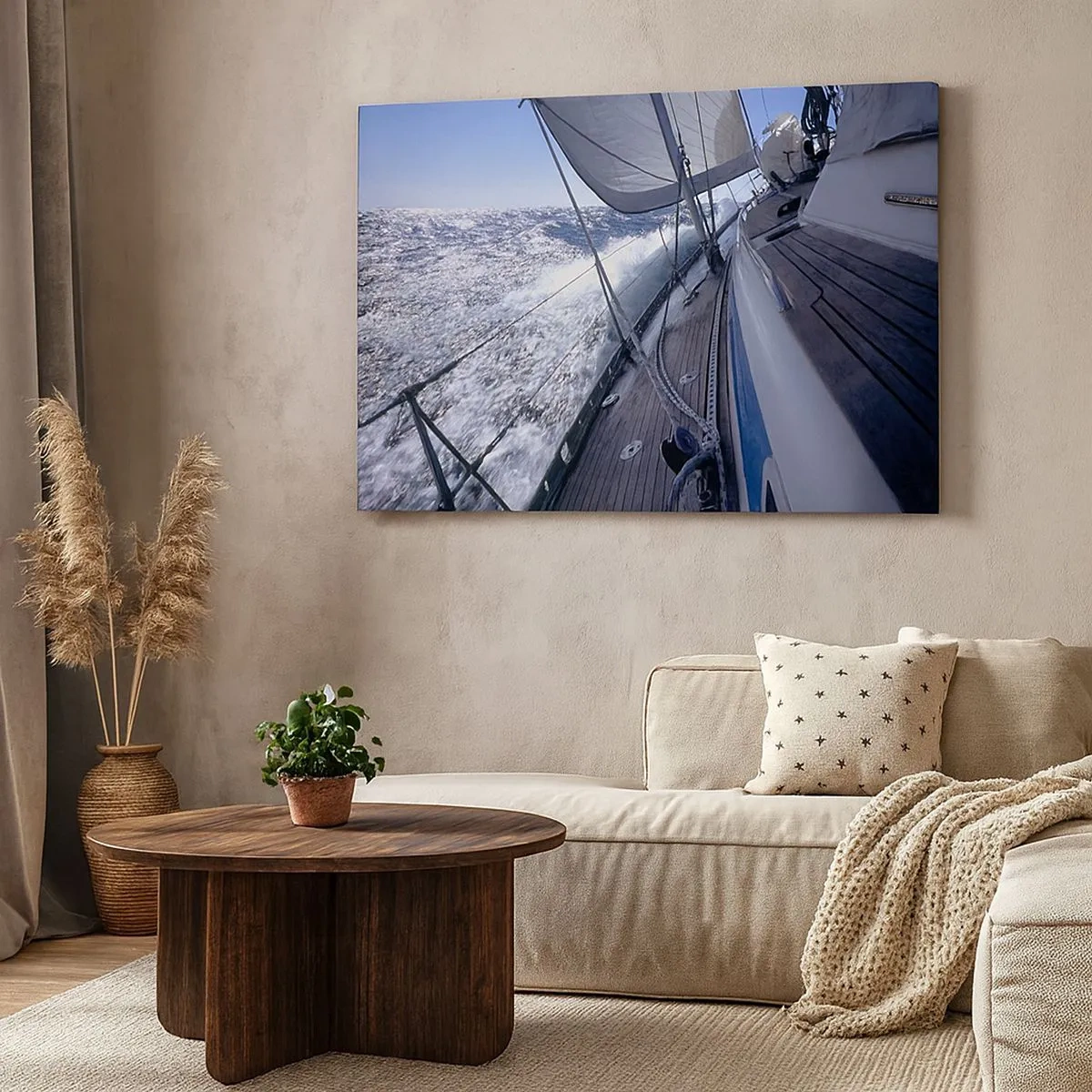 Lærredstryk - Billede på lærred - En sejlbåd i et stormfuldt hav med hvide sejl og et trædæk. - 70x50cm - Jeg ved, hvad det vil sige at være en fugl - Moderne vægdekoration til stue og soveværelse ARTTOR