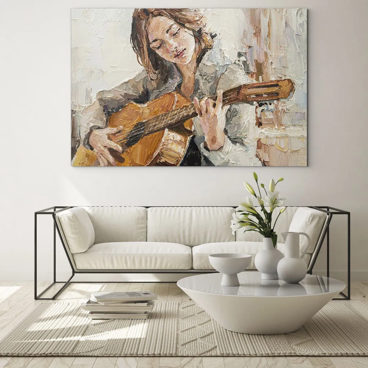 Billede på glas - En pige, der spiller guitar i impressionistisk stil - 70x50cm - Koncert for guitar og et pigehjerte - Moderne vægdekoration til stue og soveværelse ARTTOR