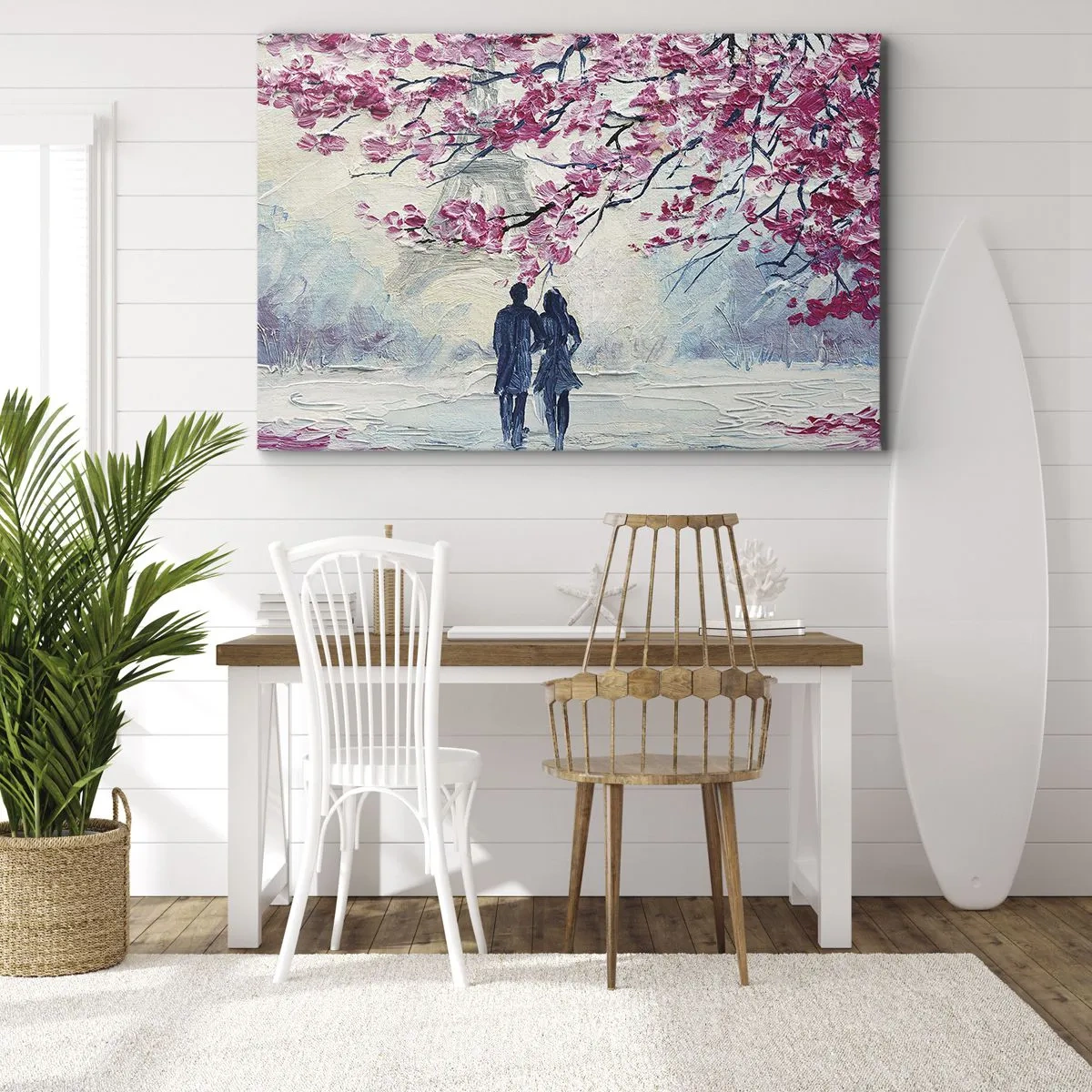 Lærredstryk - Billede på lærred - Et par under blomstrende lyserøde træer i romantiske omgivelser - 70x50cm - Romantisk gåtur - Moderne vægdekoration til stue og soveværelse ARTTOR