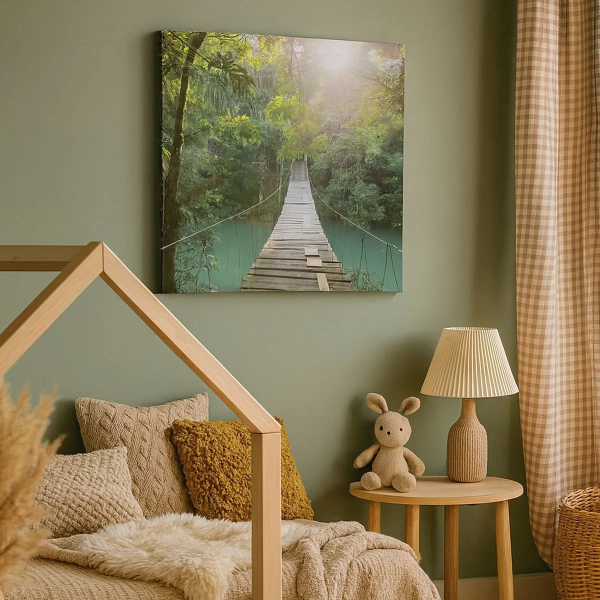 Lærredstryk - Billede på lærred - Over det azurblå vand til den azurblå skov - 30x30 cm