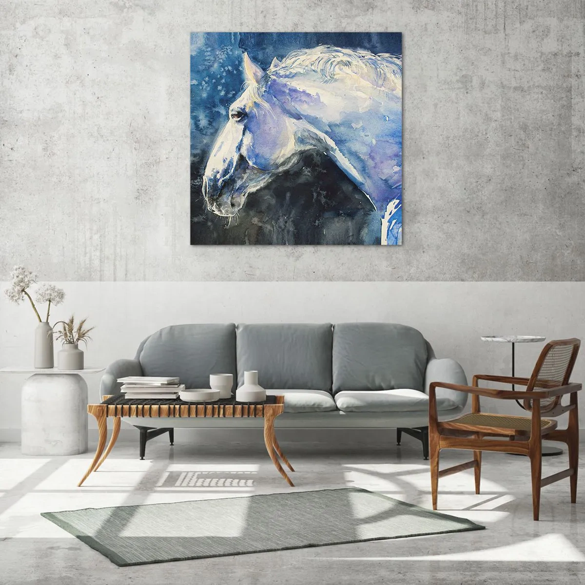 Billede på glas - Portræt i et blåt skær - 70x70 cm