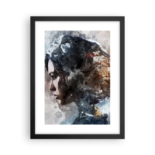 Plakat i sort ramme - Historien om en pige med en by i baggrunden - 30x40 cm