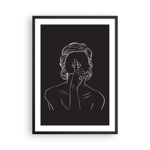 Plakat i sort ramme - En minimalistisk illustration af en kvinde, der laver en stilhedsgestus mod en sort baggrund. - 50x70cm - Skønhed blomstrer i stilhed - Moderne vægdekoration til stue og soveværelse ARTTOR
