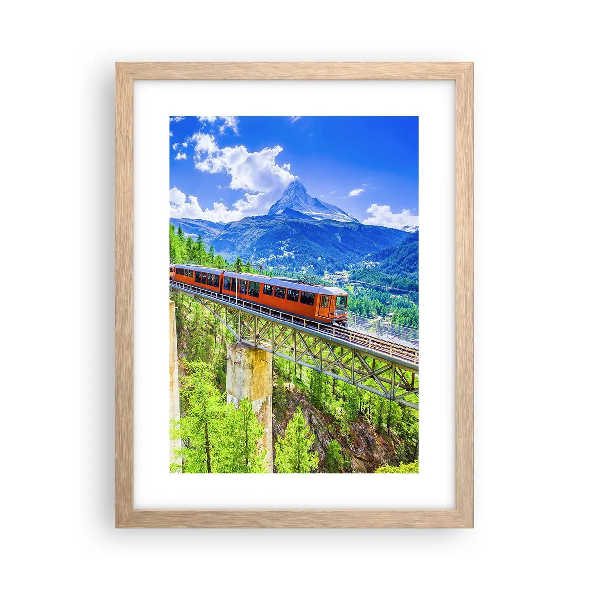 Plakat i ramme af lyst egetræ - Jernbane til Alperne - 30x40 cm