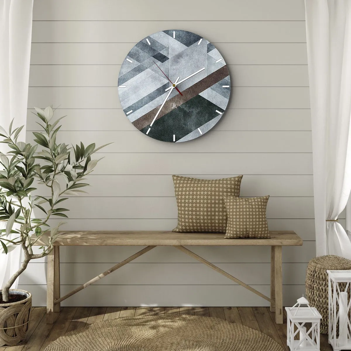 Vægur, Uret - Geometri i nuancer af blå, brun og grå - 30x30cm - Sofistikeret elegance i geometri - Moderne vægdekoration til stue, køkken og soveværelse ARTTOR