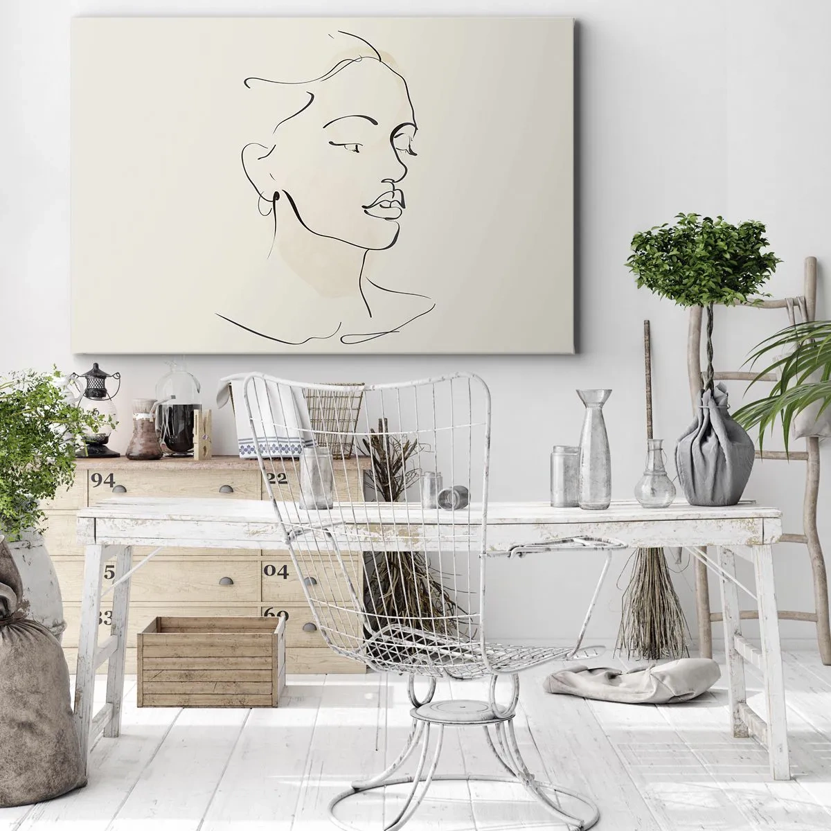 Lærredstryk - Billede på lærred - En delikat skitse af en kvindes ansigt på en lys baggrund - 70x50cm - En bestemt linje - Moderne vægdekoration til stue og soveværelse ARTTOR