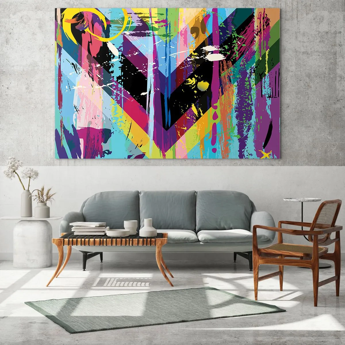 Billede på glas - Farverig abstraktion med dynamiske former og intense farver - 70x50cm - Fra top til bund - Moderne vægdekoration til stue og soveværelse ARTTOR