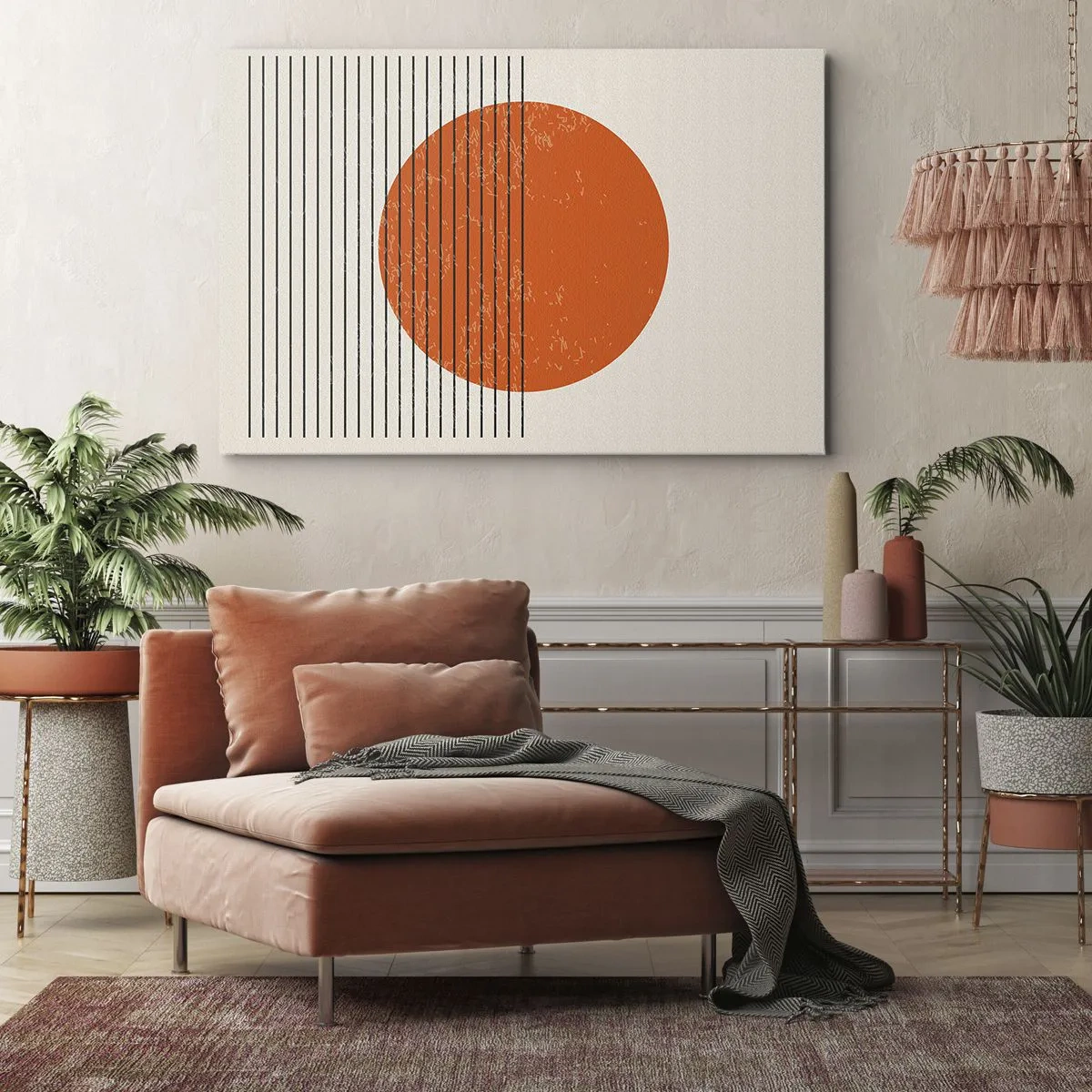 Lærredstryk - Billede på lærred - Minimalistisk sol med geometriske linjer - 70x50cm - Altid solen - Moderne vægdekoration til stue og soveværelse ARTTOR