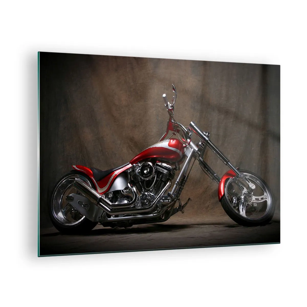 Billede på glas - Rød specialmotorcykel på en mørk baggrund - 70x50cm - Rød og sølvfarvet skønhed - Moderne vægdekoration til stue og soveværelse ARTTOR